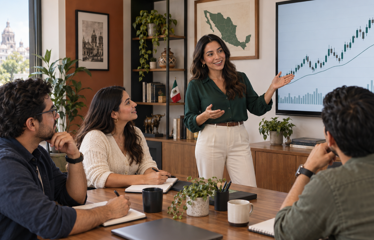 Persona mexicana estudiando educación financiera y datos generales de la BMV